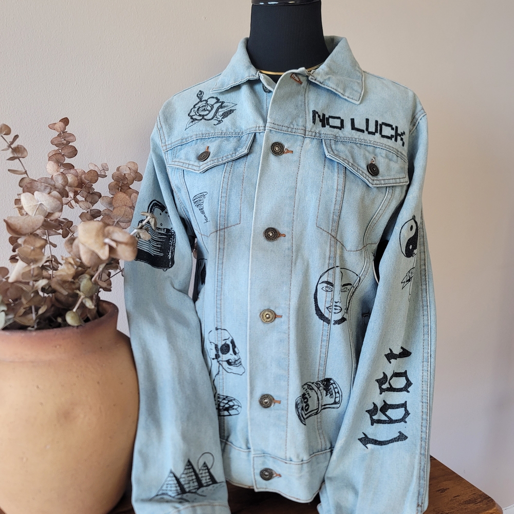 Trademark Brooklyn Vintage Graphic Denim Jacket Sz S Cotton